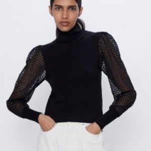 ZARA Black Sweater Mesh Polka Dot Sleeves